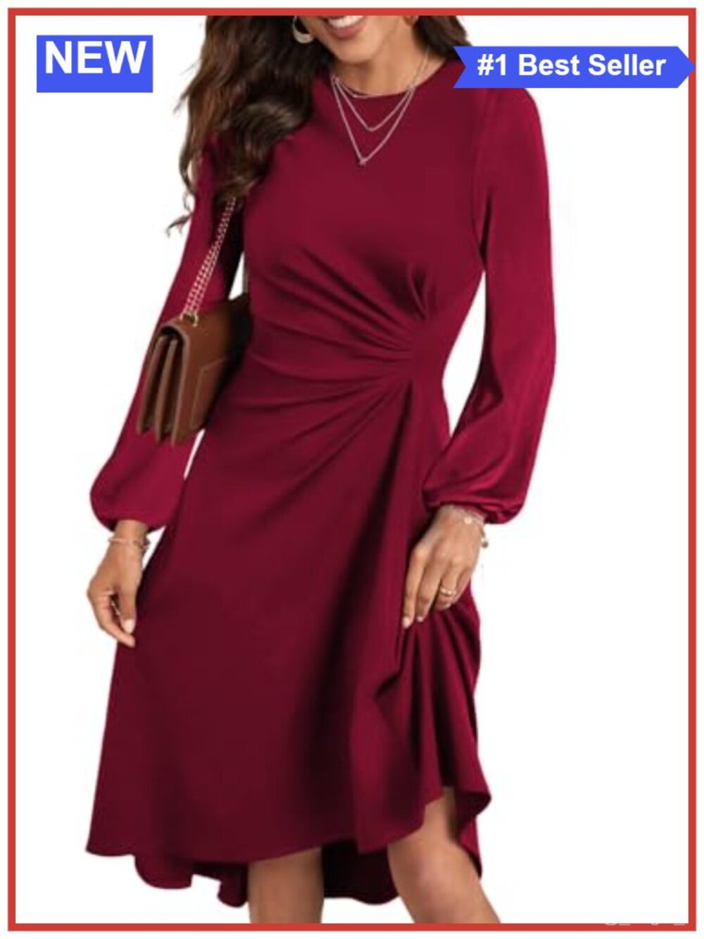 Long Sleeve Ruched Waist High Low Midi Cocktail Party Dress